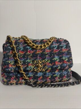 RARE CHANEL FLAP 19 Multicolor METALLIC Tweed Bag w AUTHENTIC TYE DYE interior